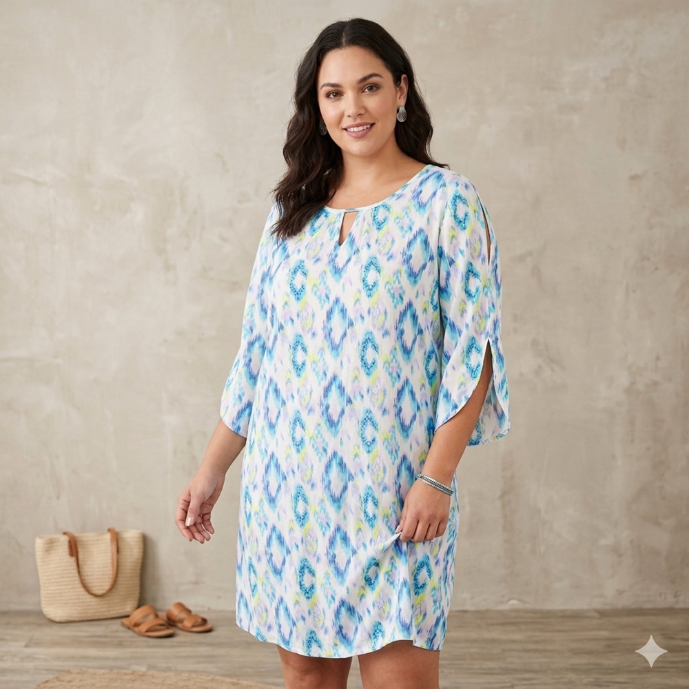 Fresh Produce XL Ikat Tunic Dress Blue Coastal Grandma Boho Vacation Lagenlook